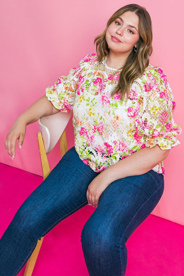 BLISS ME FLORAL WOVEN LACE TOP.