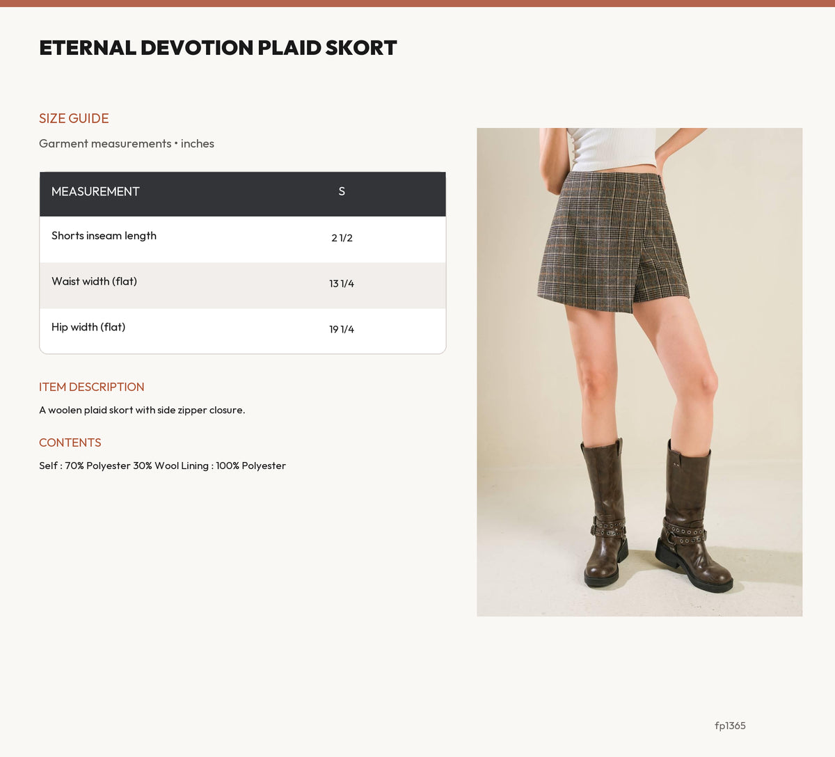 ETERNAL DEVOTION PLAID SKORT size chart