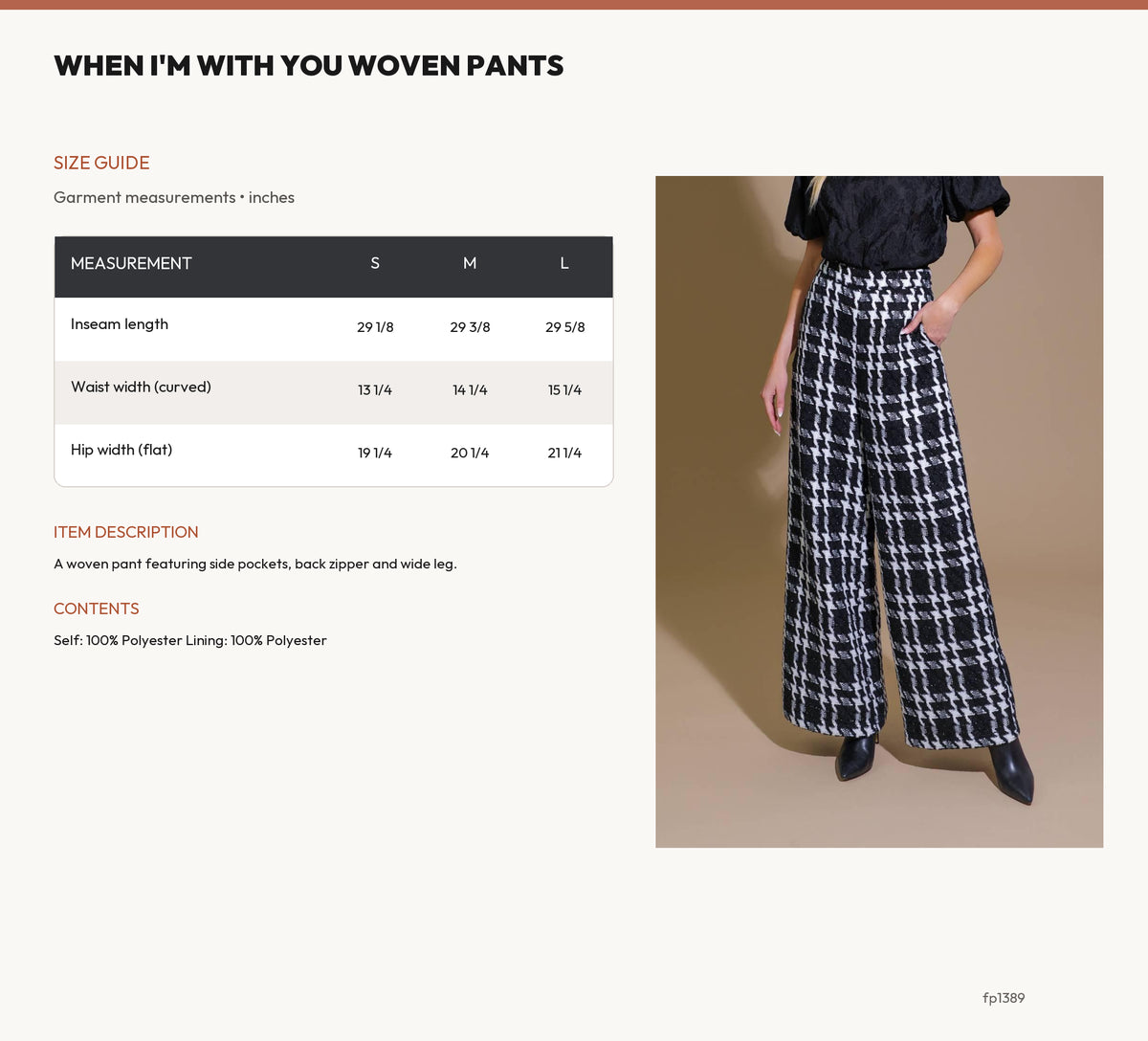 WHEN I'M WITH YOU WOVEN PANTS size chart