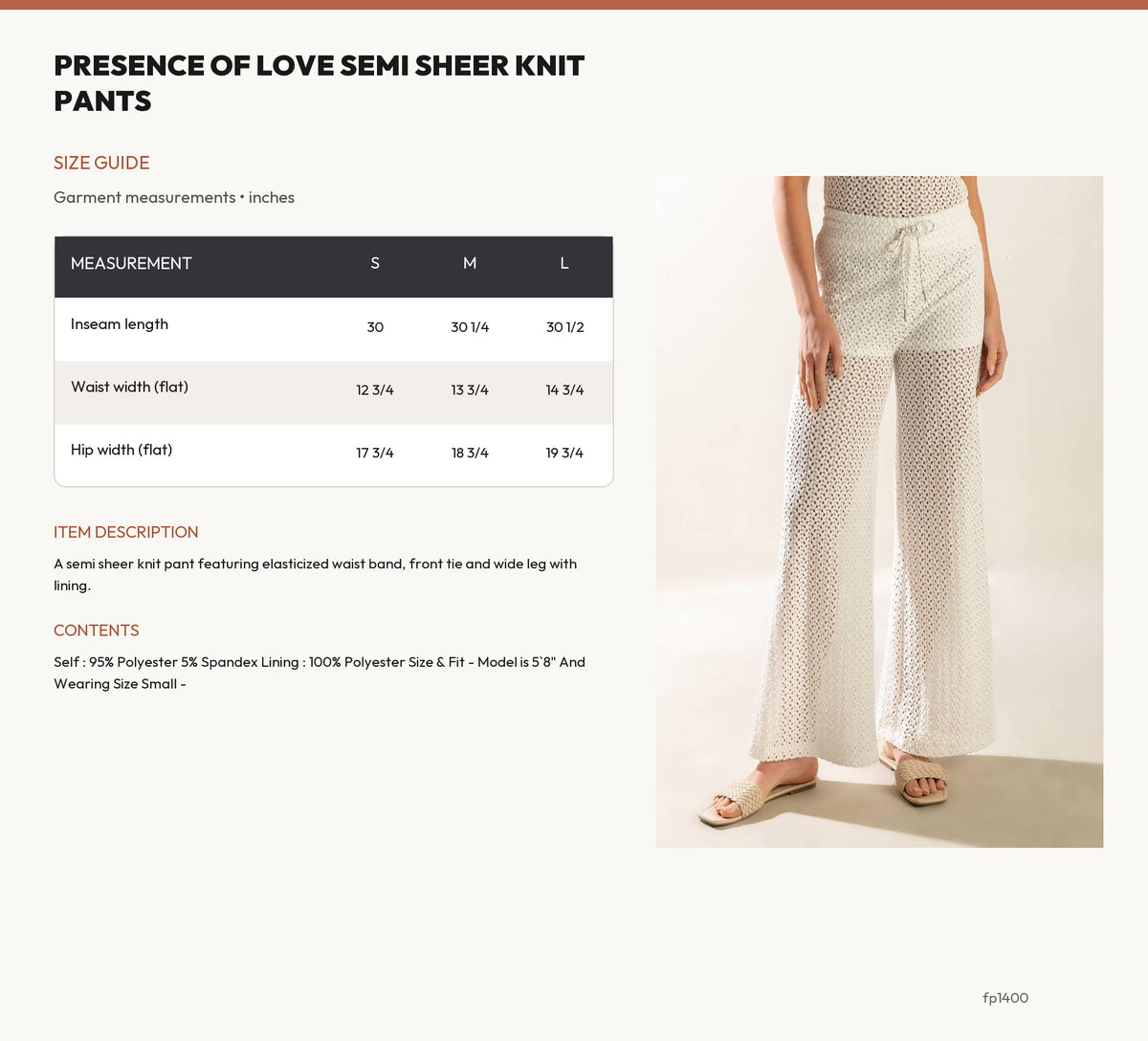 PRESENCE OF LOVE SEMI SHEER KNIT PANTS size chart