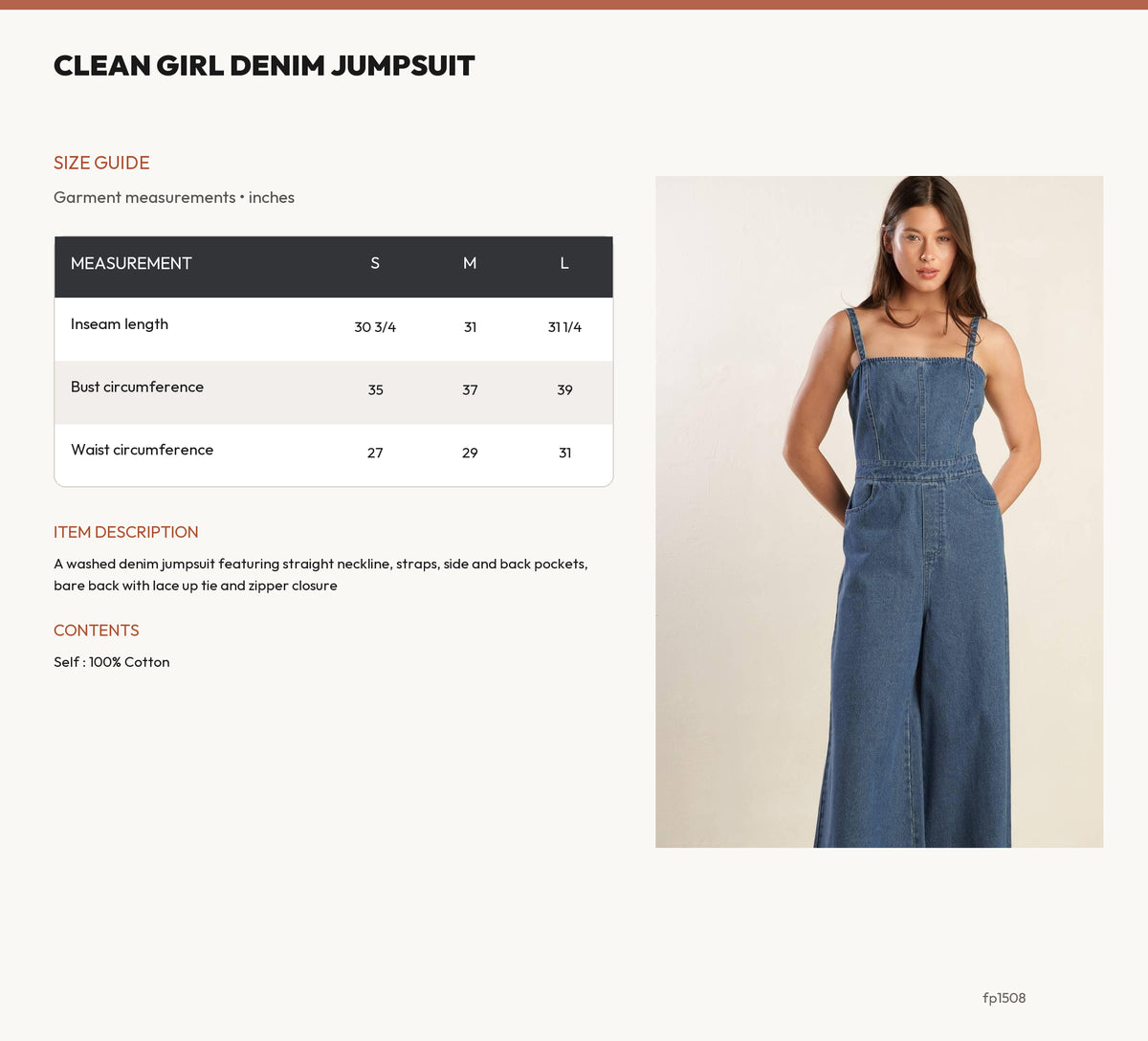 CLEAN GIRL DENIM JUMPSUIT size chart