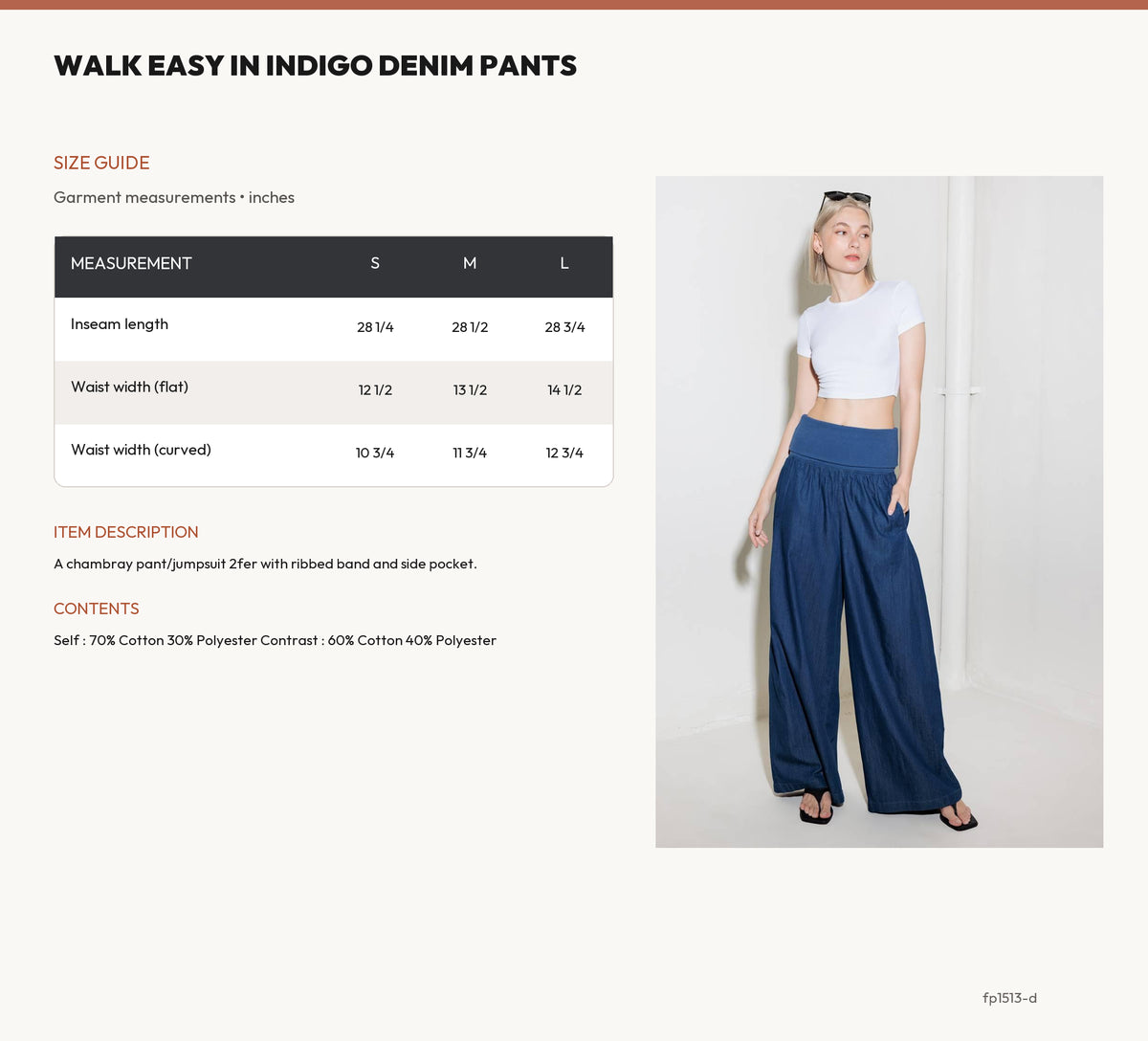 WALK EASY IN INDIGO DENIM PANTS size chart