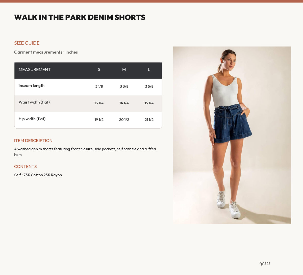 WALK IN THE PARK DENIM SHORTS size chart