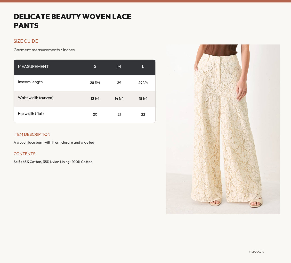 DELICATE BEAUTY WOVEN LACE PANTS size chart