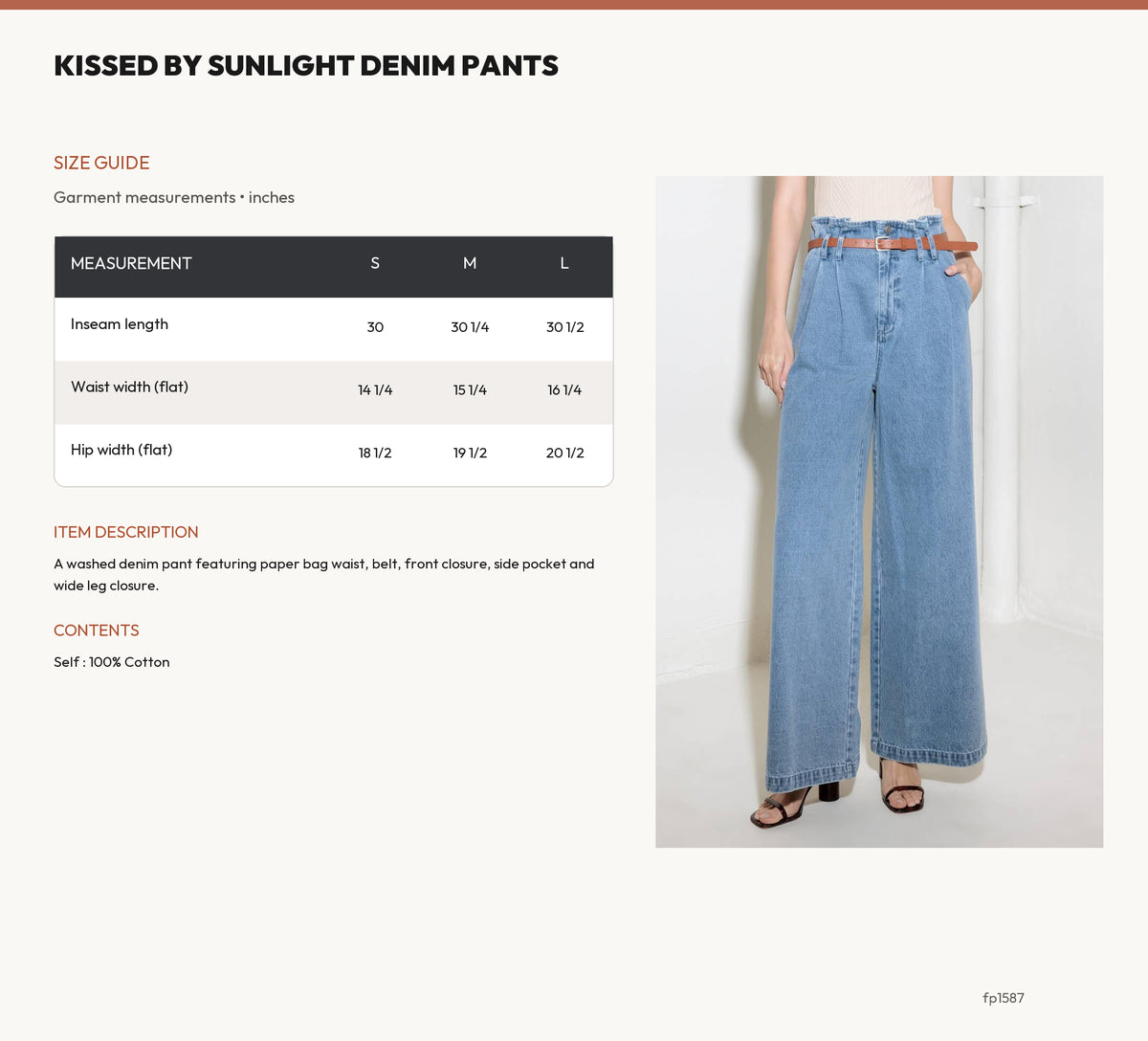 KISSED BY SUNLIGHT DENIM PANTS size chart