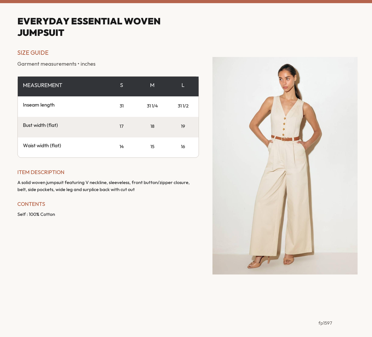 EVERYDAY ESSENTIAL WOVEN JUMPSUIT size chart