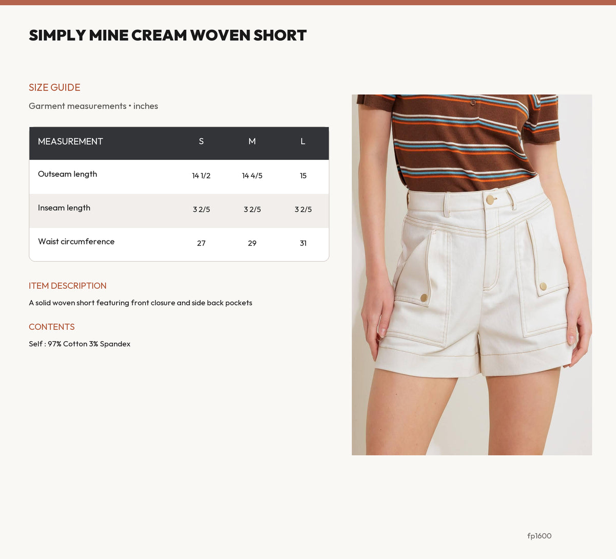 SIMPLY MINE CREAM WOVEN SHORT size chart