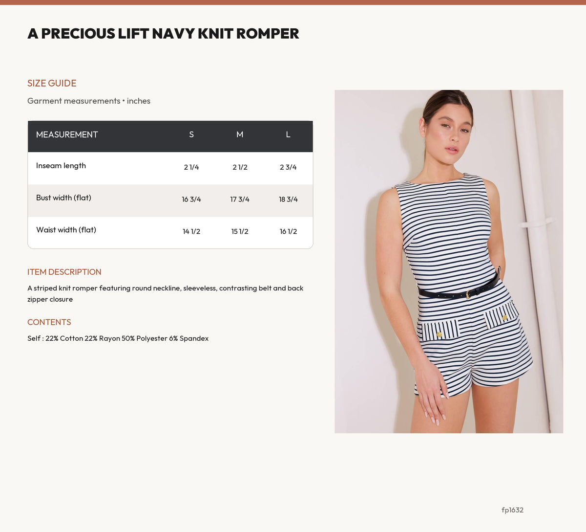 A PRECIOUS LIFT NAVY KNIT ROMPER size chart