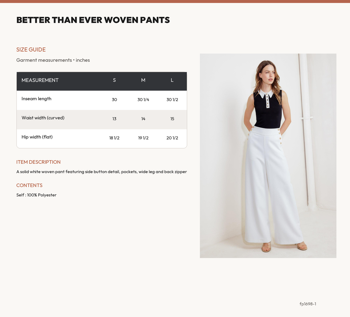 BETTER THAN EVER WOVEN PANTS size chart