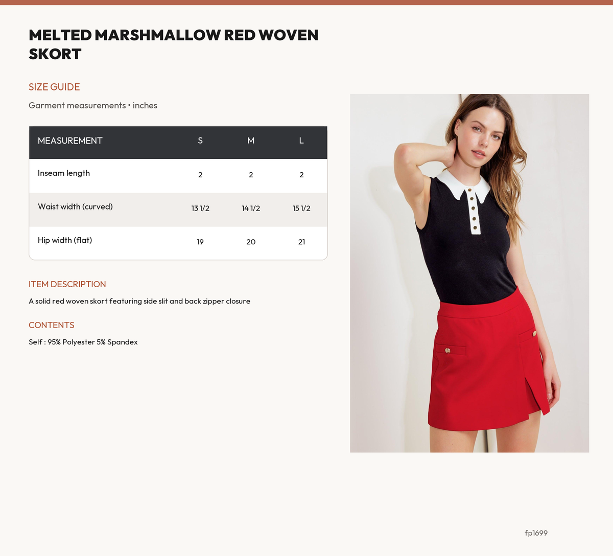 MELTED MARSHMALLOW RED WOVEN SKORT size chart