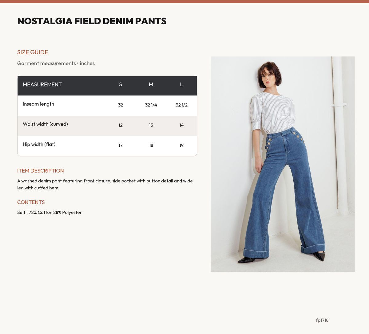 NOSTALGIA FIELD DENIM PANTS size chart