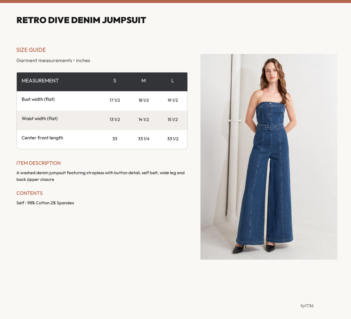 RETRO DIVE DENIM JUMPSUIT size chart