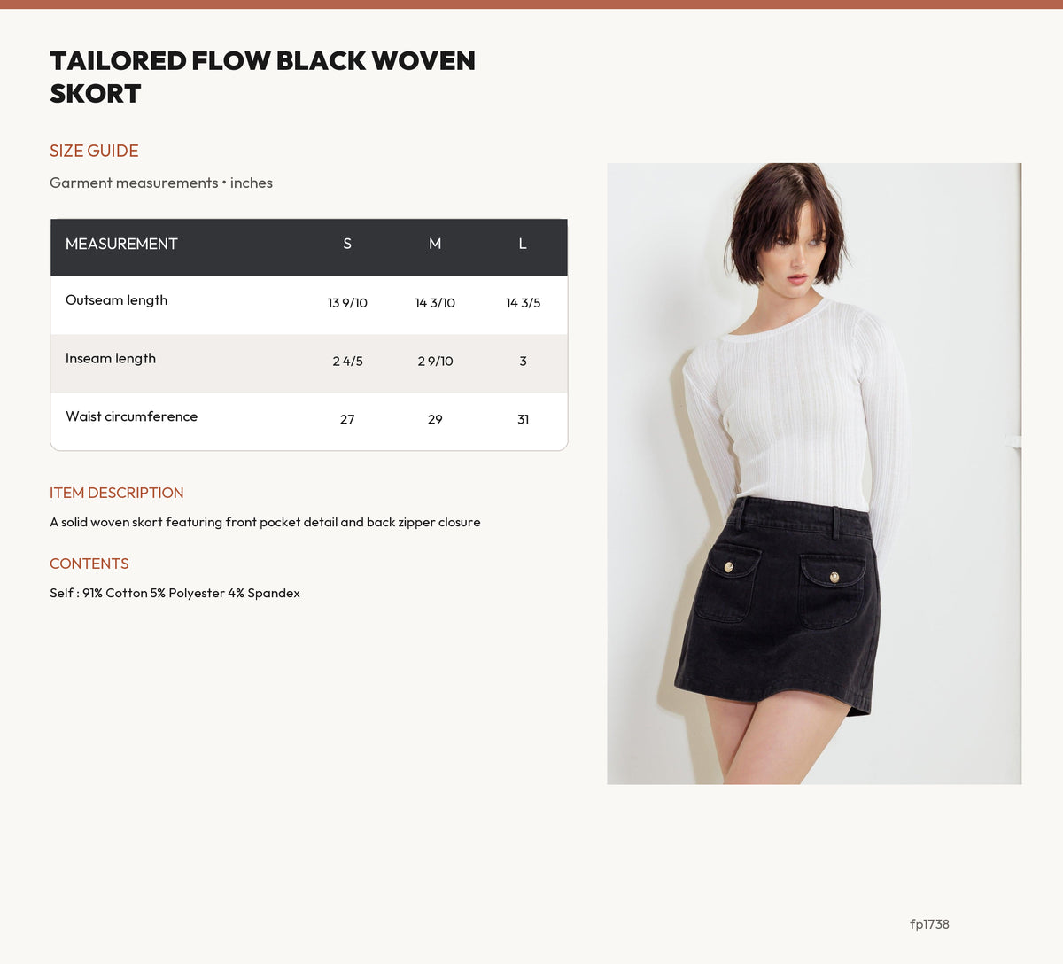 TAILORED FLOW BLACK WOVEN SKORT size chart
