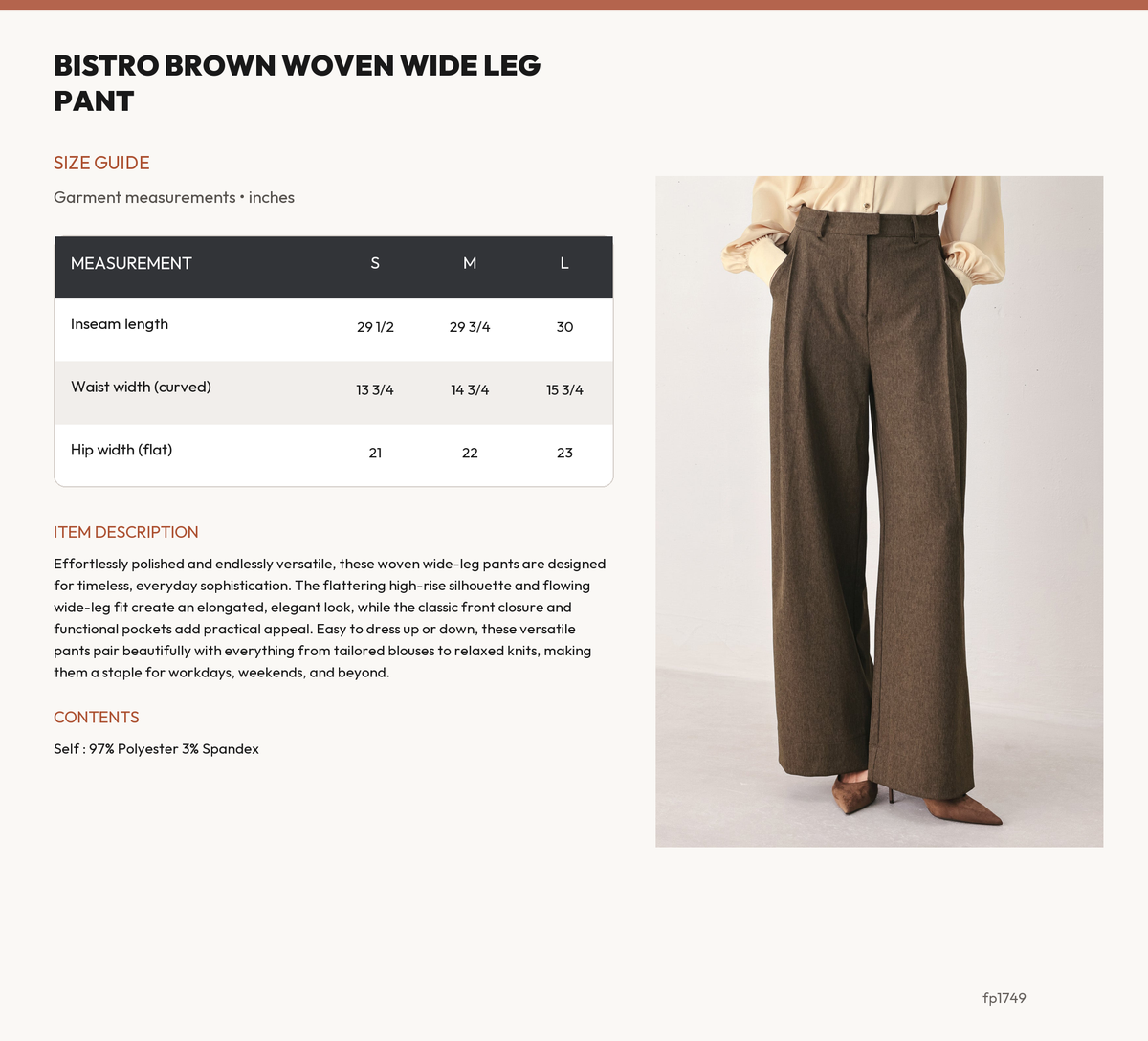 BISTRO BROWN WOVEN WIDE LEG PANT size chart