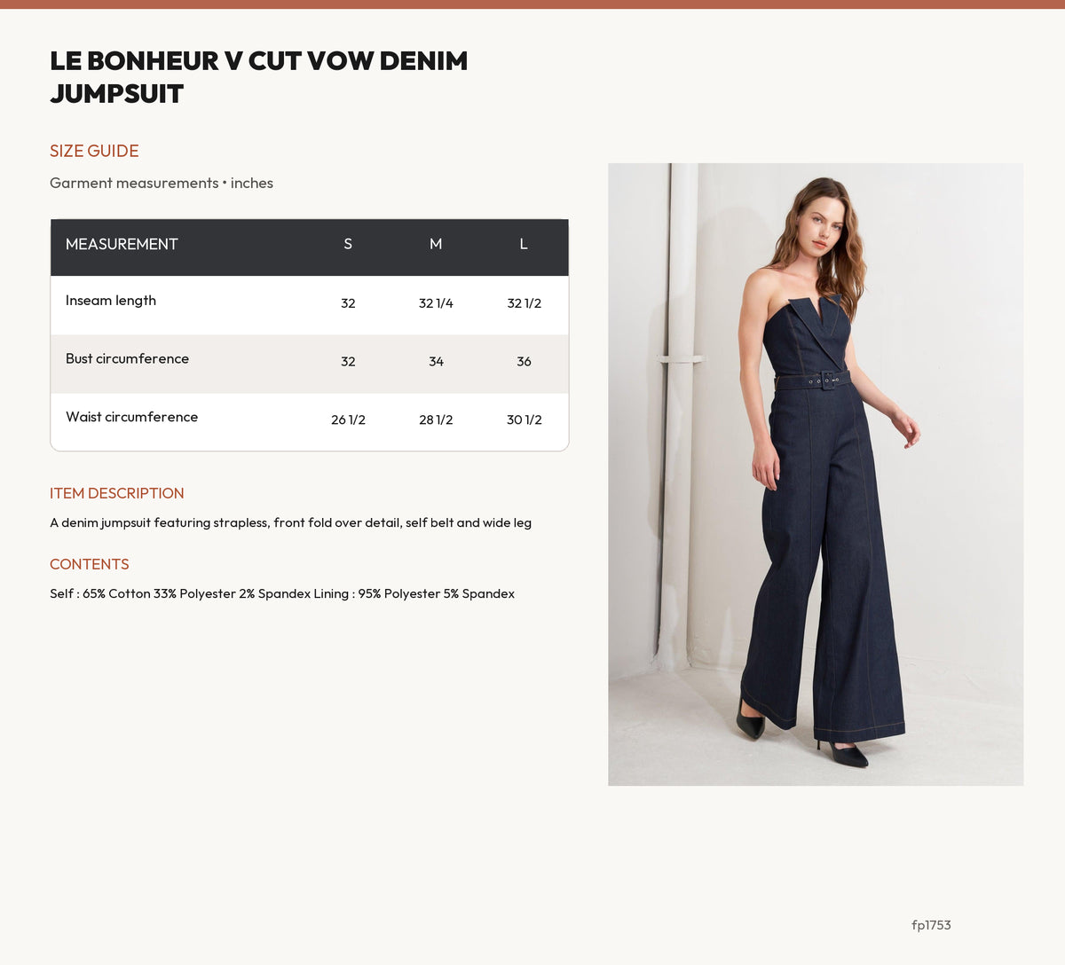 LE BONHEUR V CUT VOW DENIM JUMPSUIT size chart