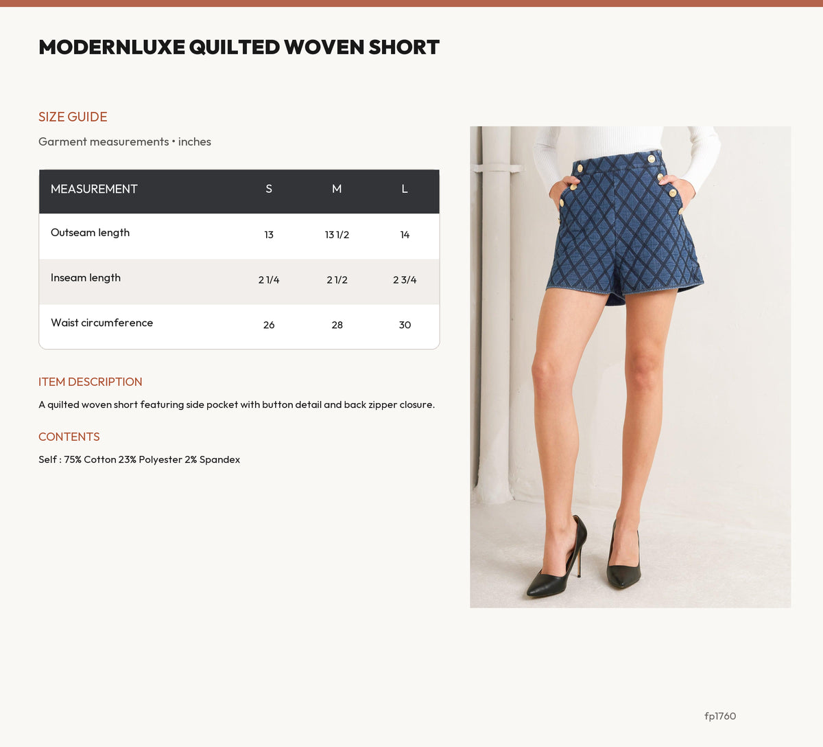 MODERNLUXE QUILTED WOVEN SHORT size chart