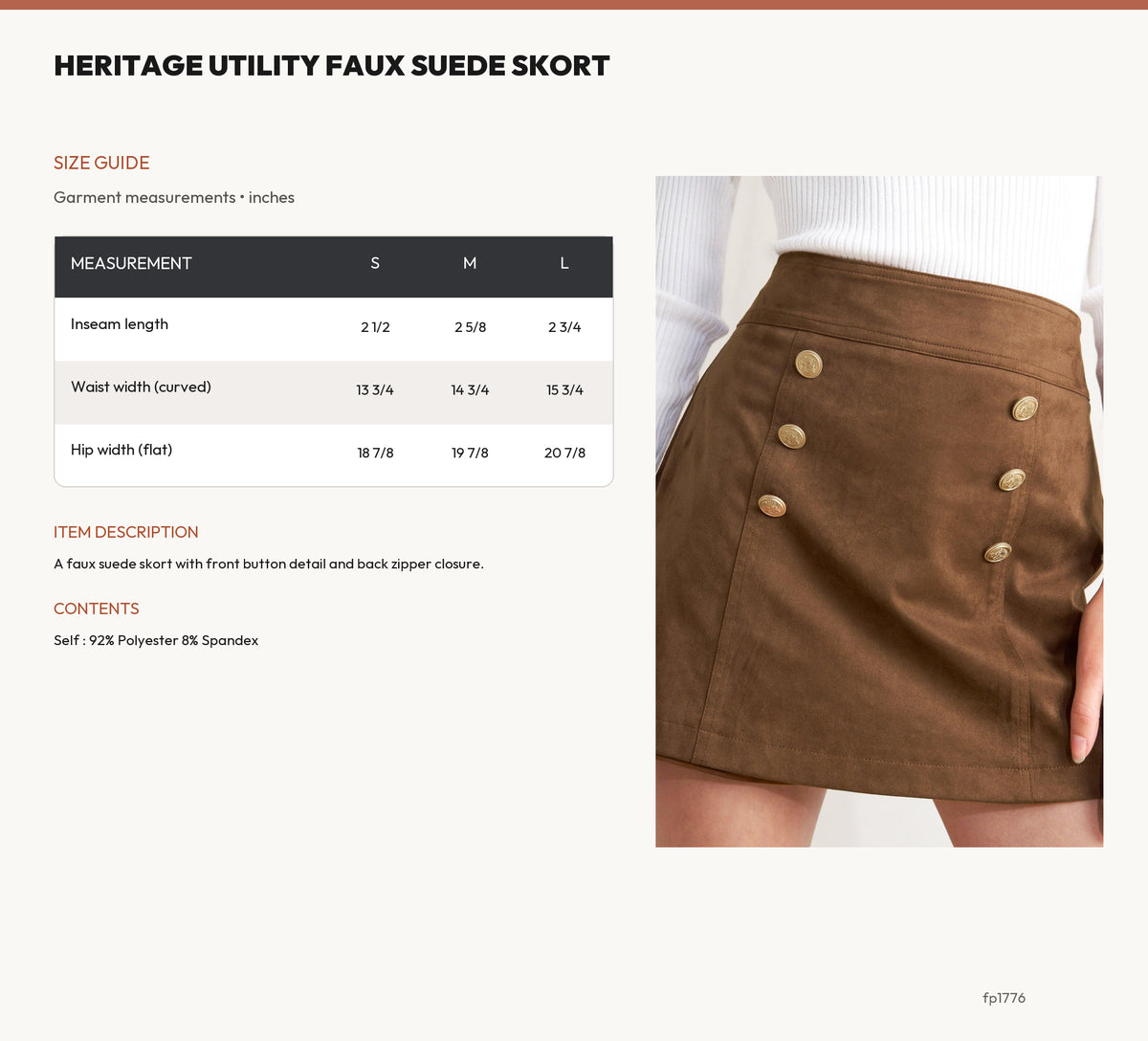 HERITAGE UTILITY FAUX SUEDE SKORT size chart