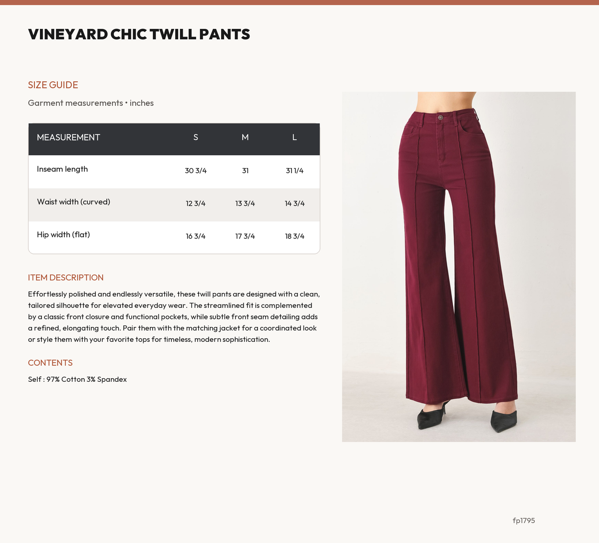 VINEYARD CHIC TWILL PANTS size chart