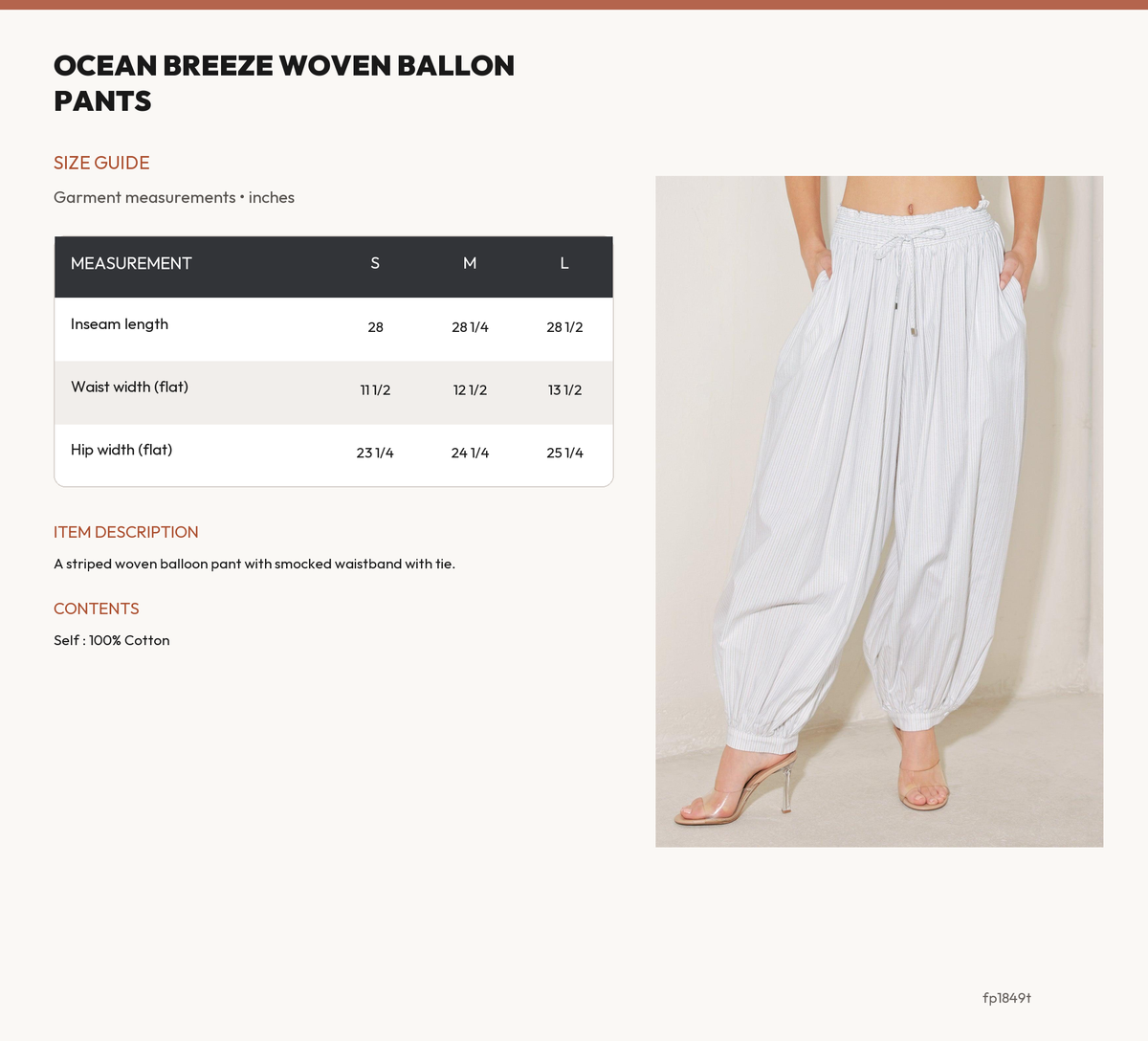 OCEAN BREEZE WOVEN BALLON PANTS size chart