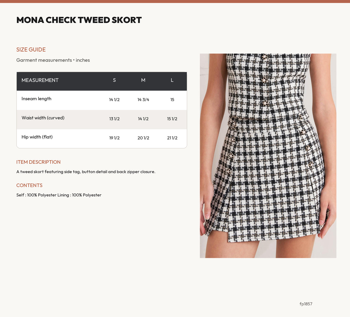 MONA CHECK TWEED SKORT size chart