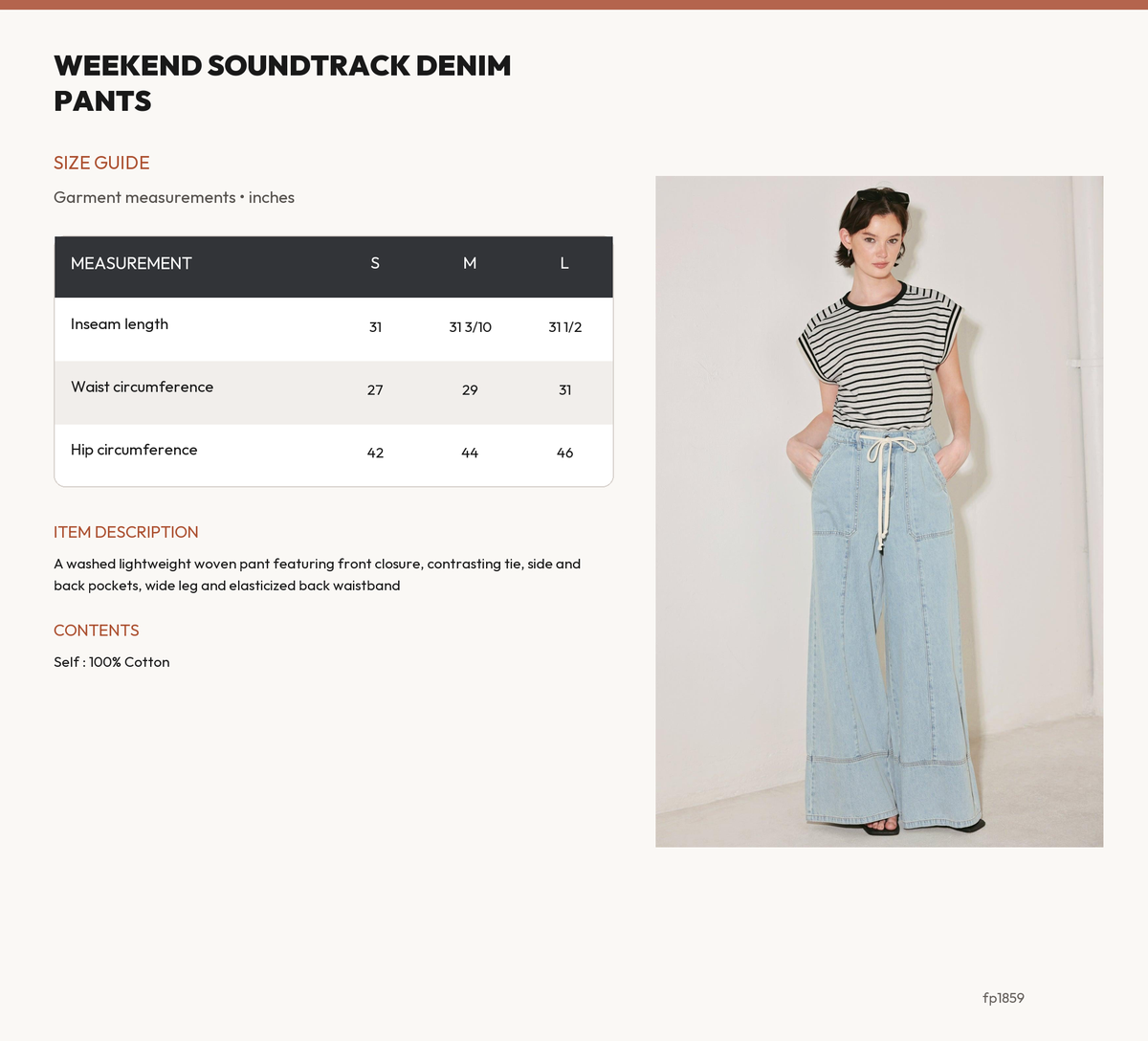 WEEKEND SOUNDTRACK DENIM PANTS size chart