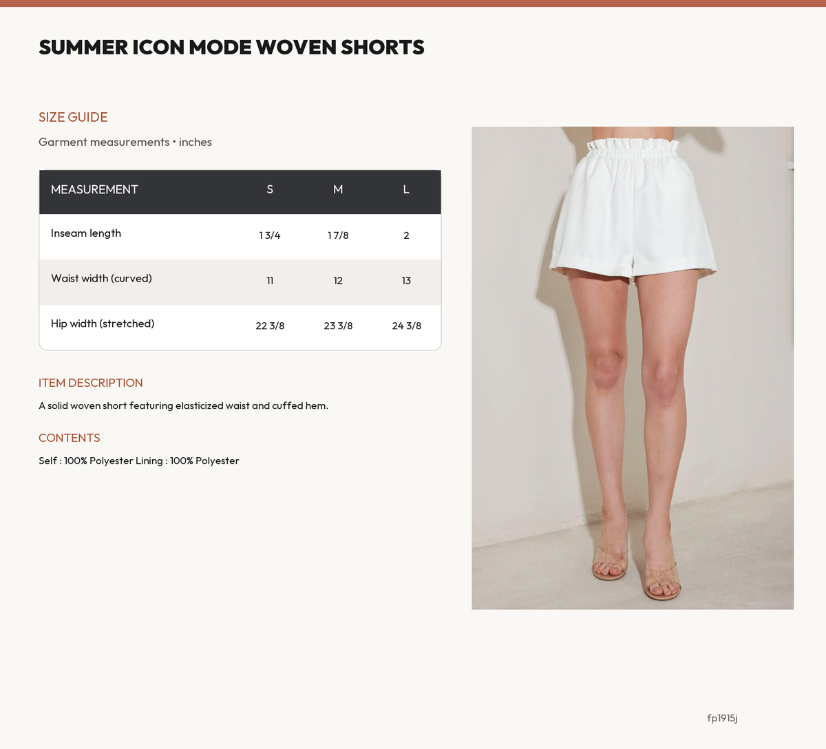 SUMMER ICON MODE WOVEN SHORTS size chart