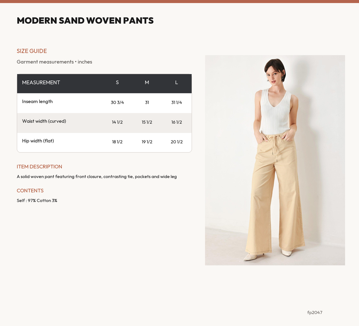 MODERN SAND WOVEN PANTS size chart