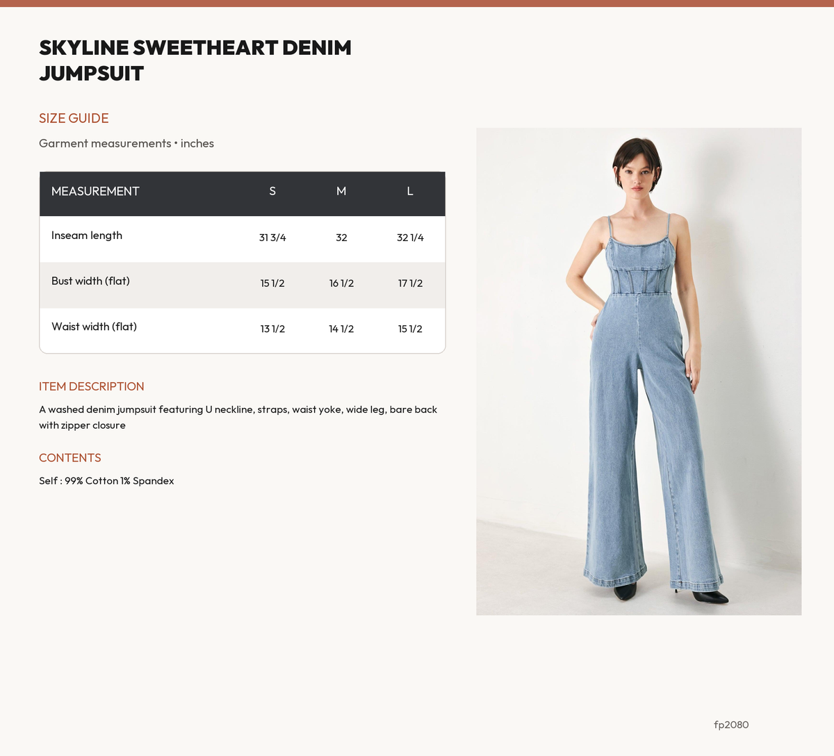SKYLINE SWEETHEART DENIM JUMPSUIT size chart