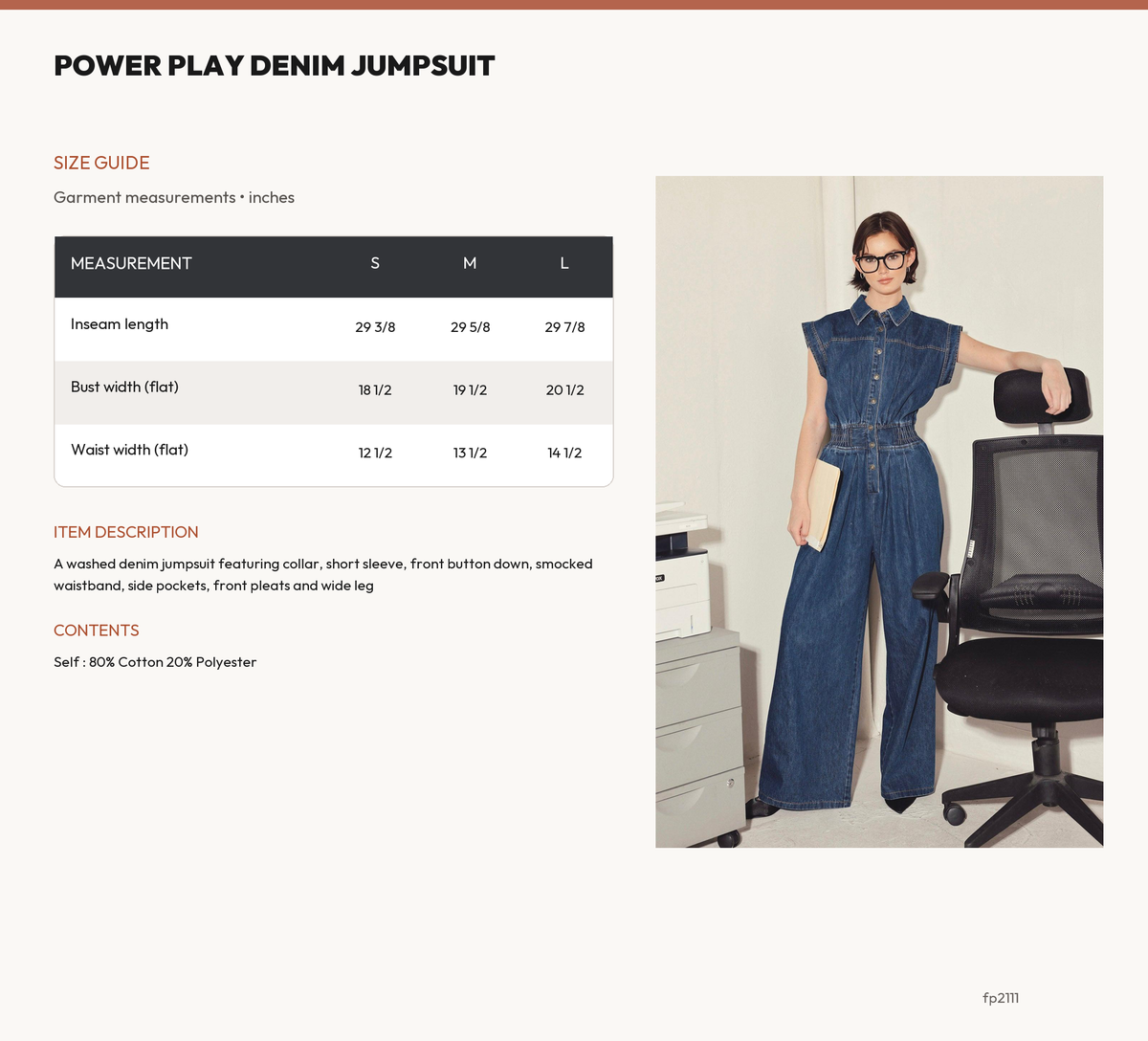 POWER PLAY DENIM JUMPSUIT size chart