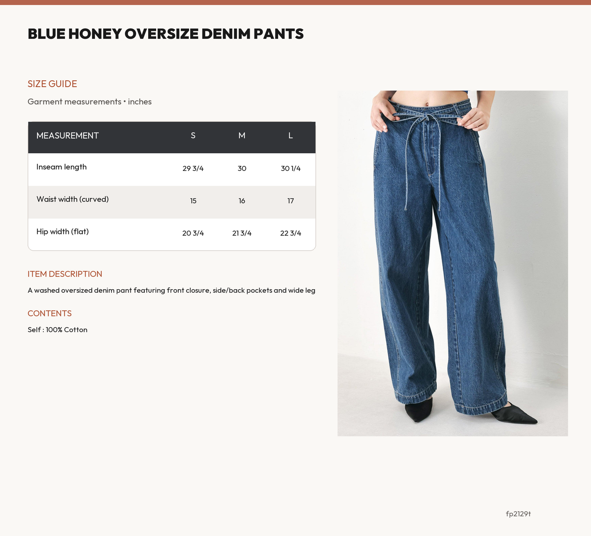 BLUE HONEY OVERSIZE DENIM PANTS size chart