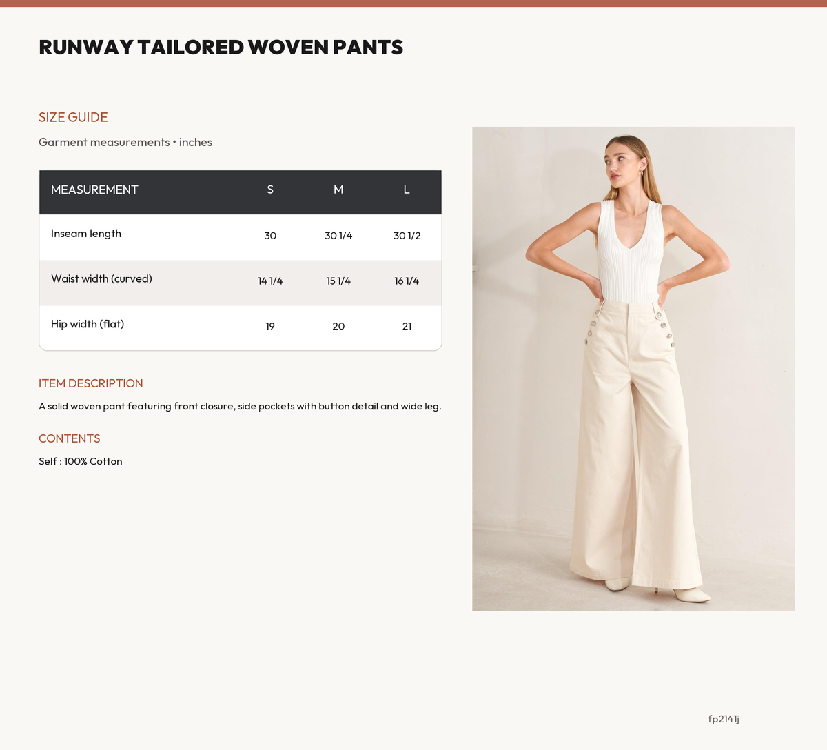 RUNWAY TAILORED WOVEN PANTS size chart