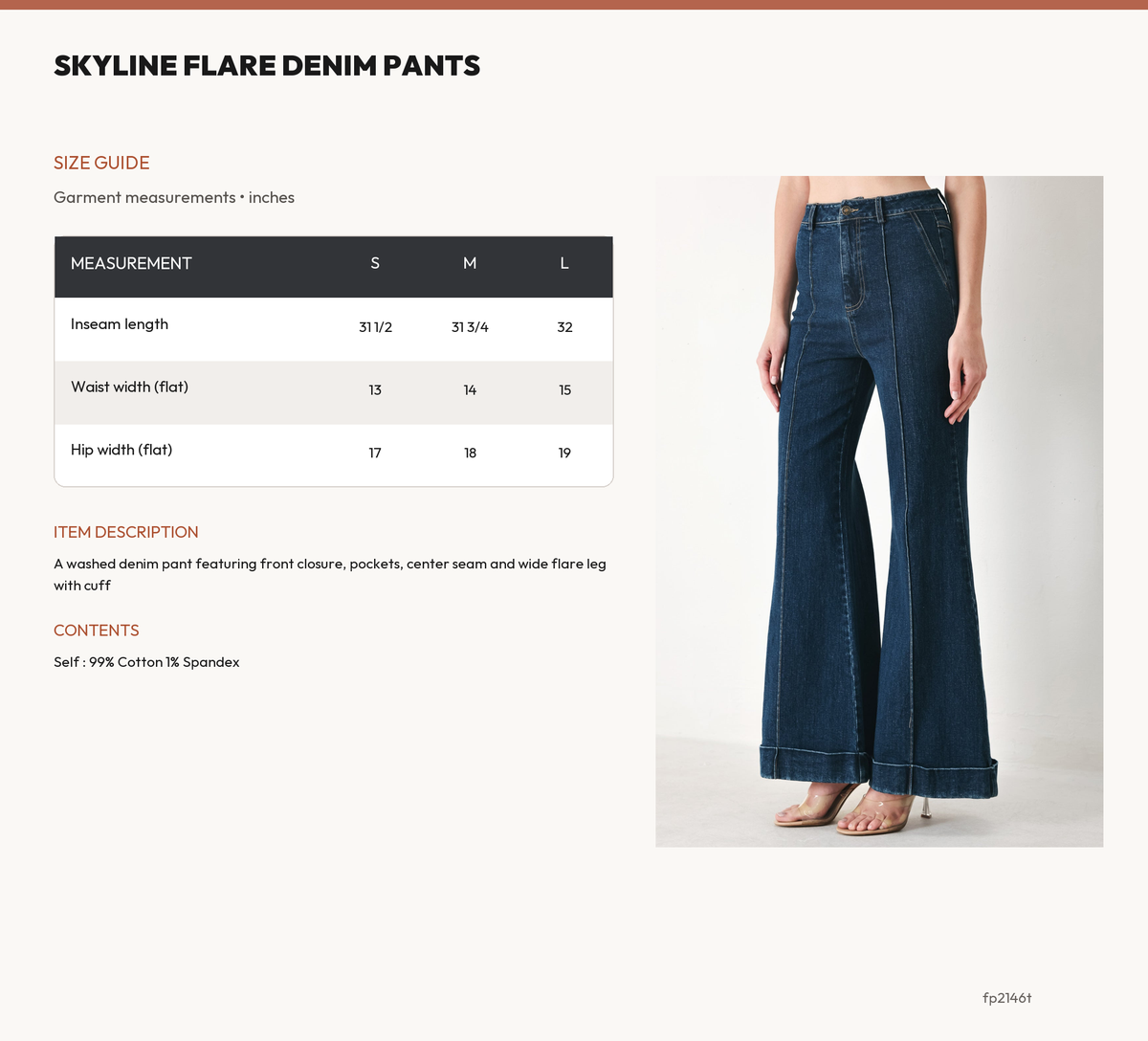 SKYLINE FLARE DENIM PANTS size chart