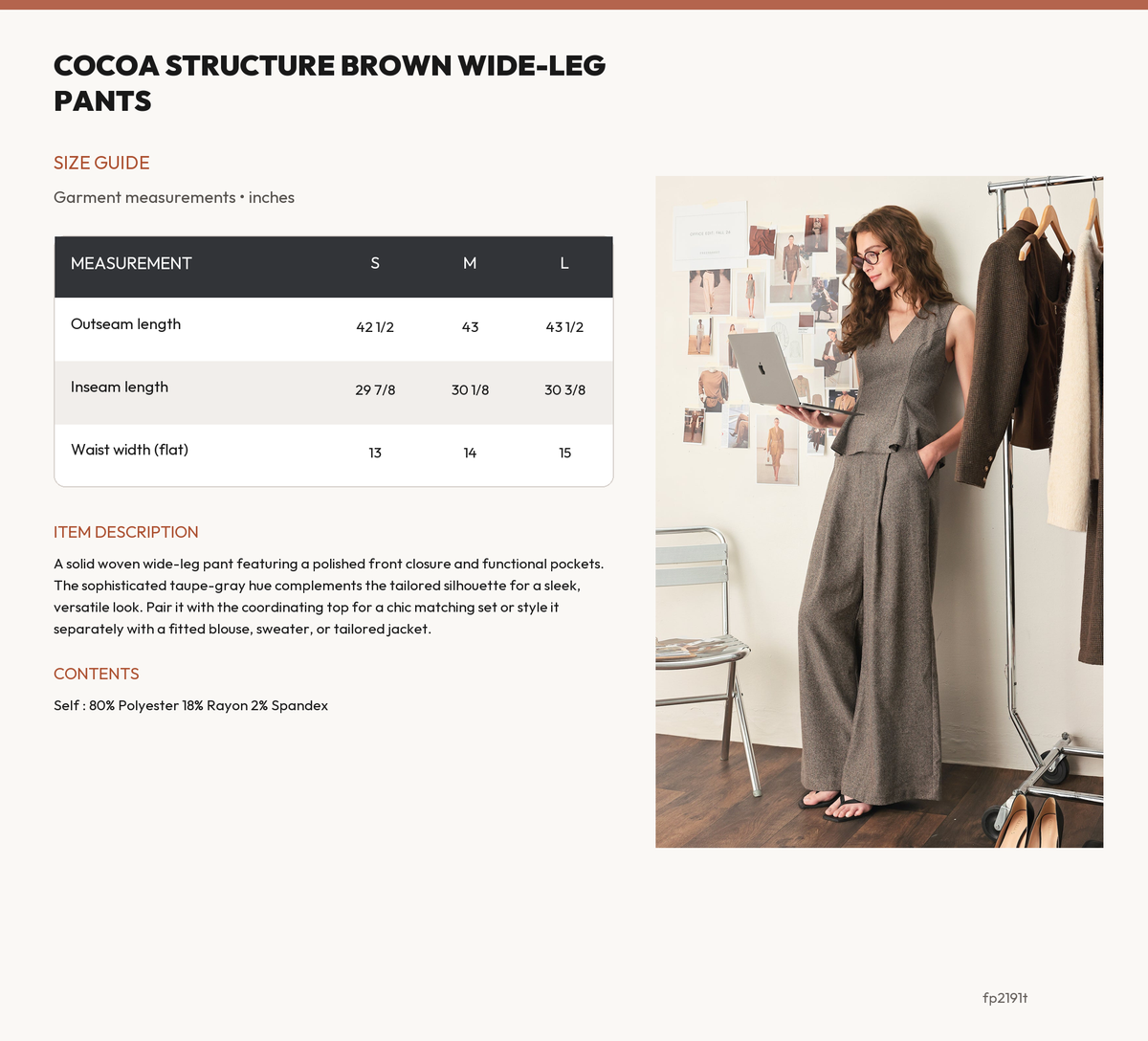 COCOA STRUCTURE BROWN WIDE-LEG PANTS size chart