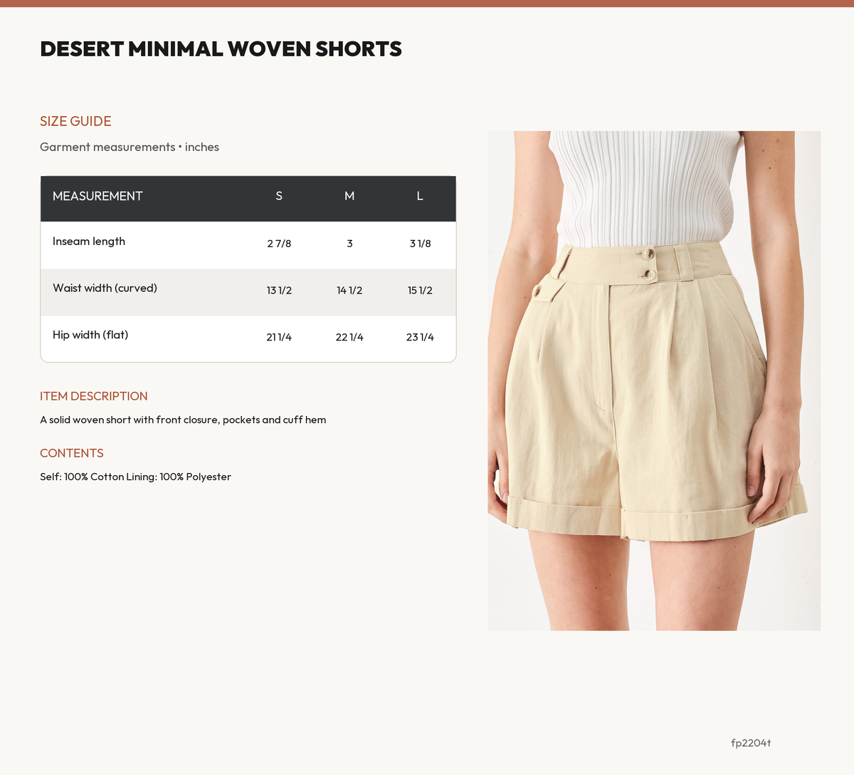 DESERT MINIMAL WOVEN SHORTS size chart