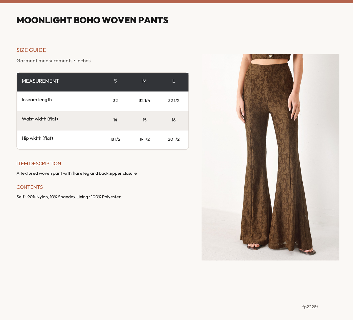 MOONLIGHT BOHO WOVEN PANTS size chart