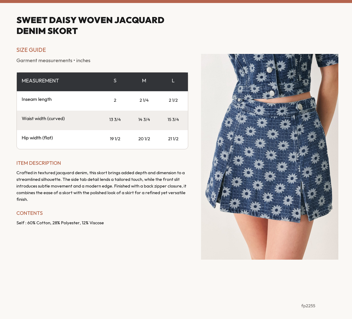 SWEET DAISY WOVEN JACQUARD DENIM SKORT size chart