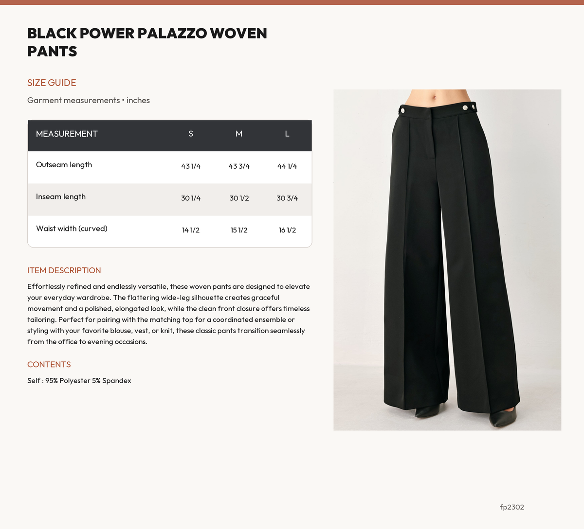 BLACK POWER PALAZZO WOVEN PANTS size chart