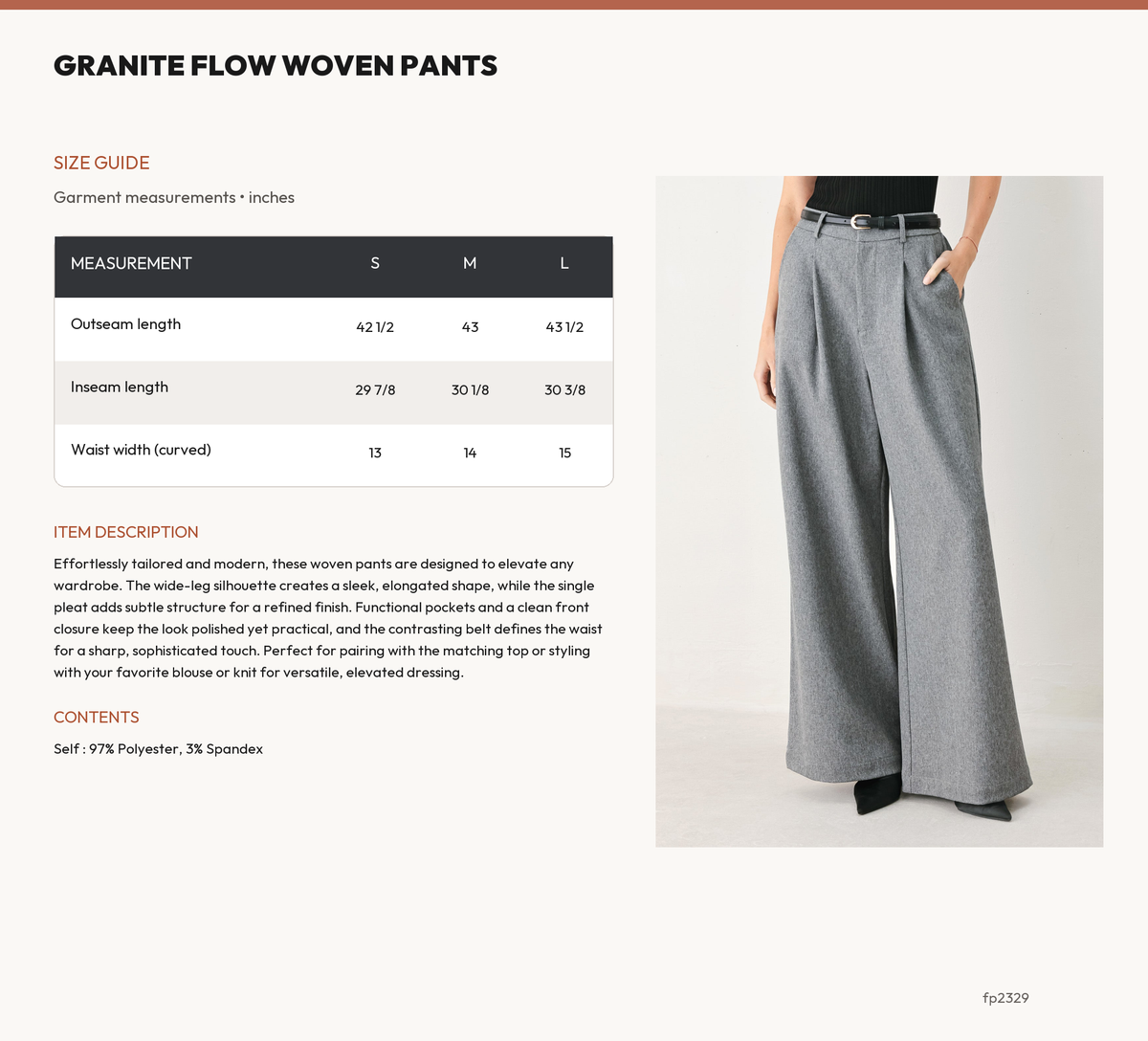 GRANITE FLOW WOVEN PANTS size chart