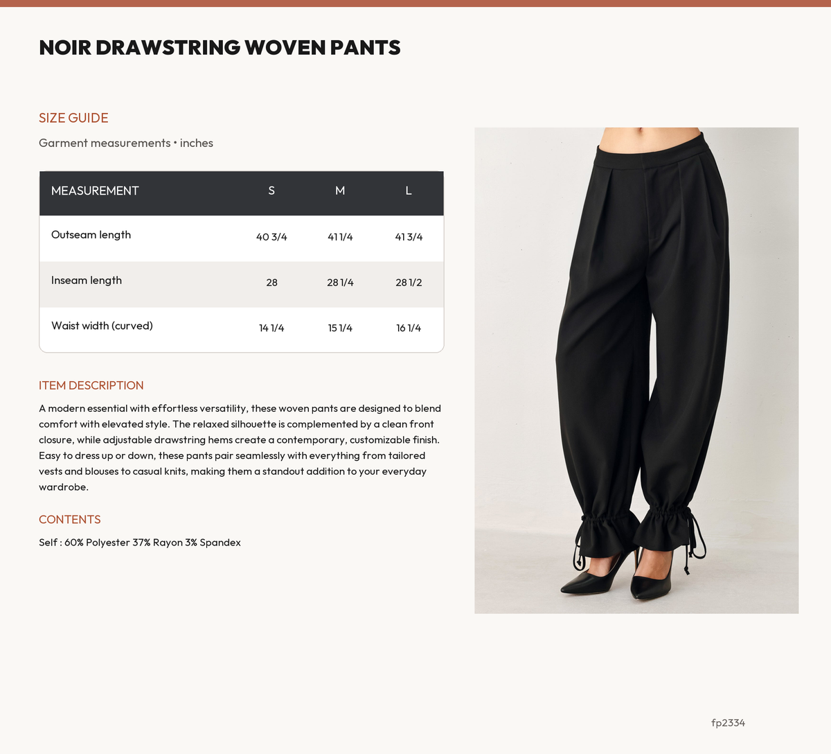 NOIR DRAWSTRING WOVEN PANTS size chart