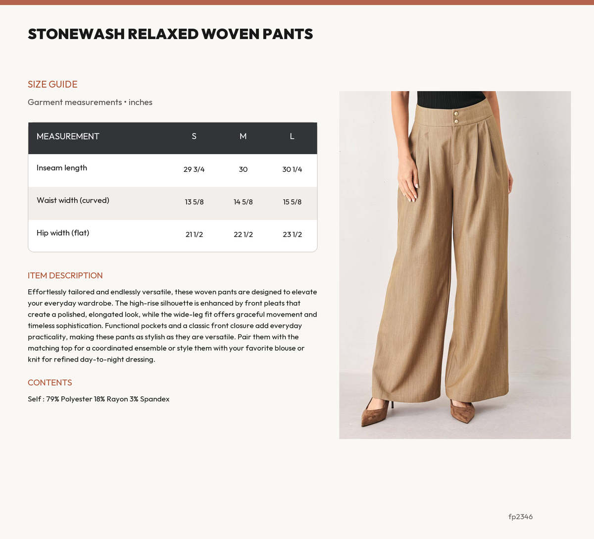 STONEWASH RELAXED WOVEN PANTS size chart