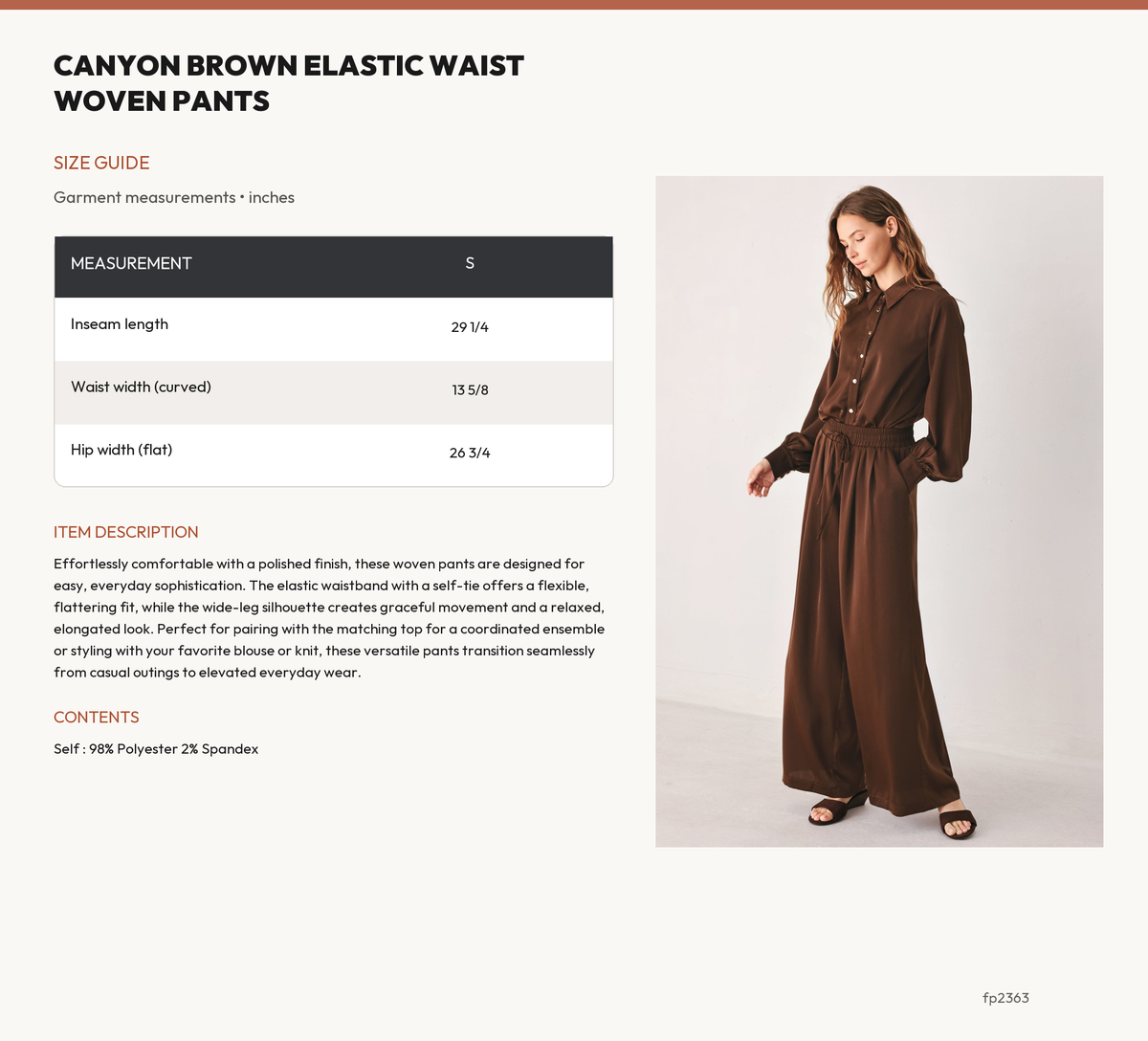 CANYON BROWN ELASTIC WAIST WOVEN PANTS size chart