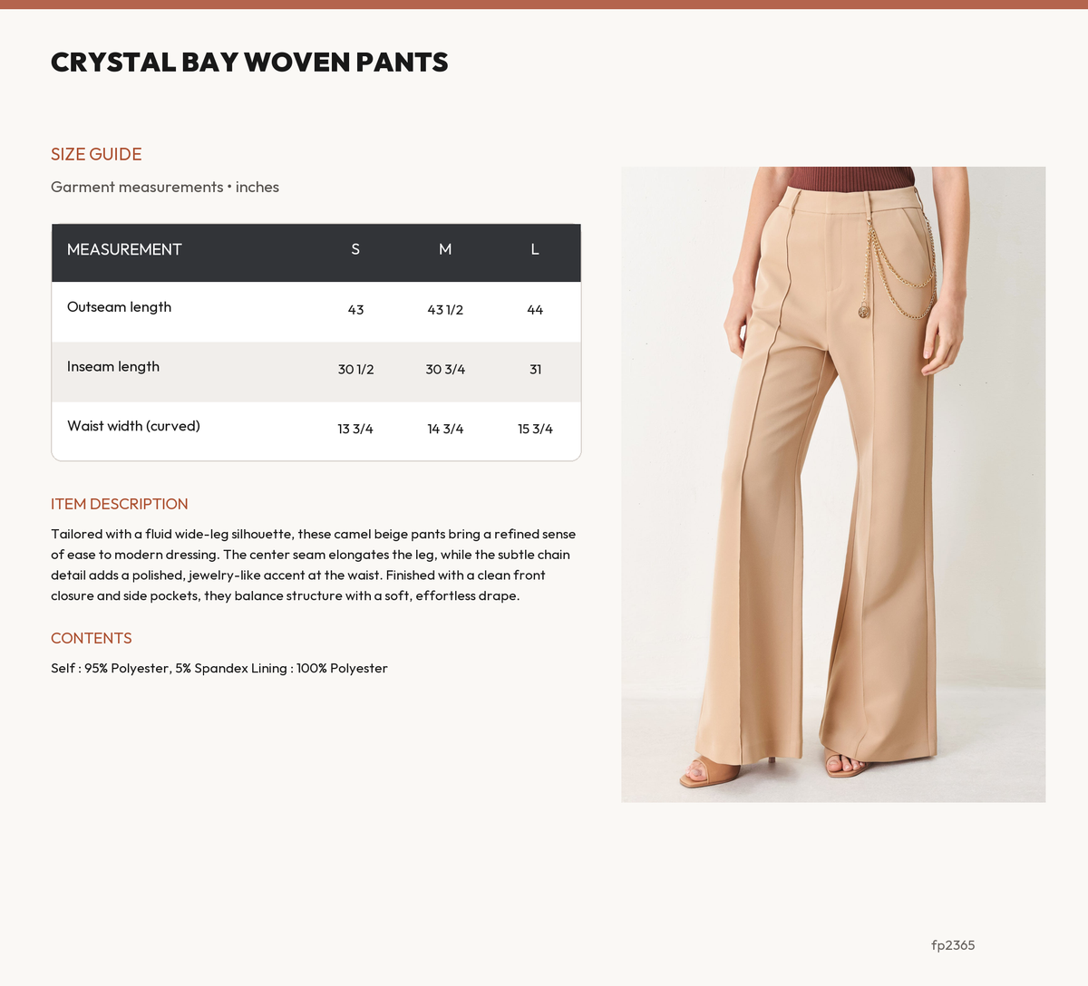 CRYSTAL BAY WOVEN PANTS size chart