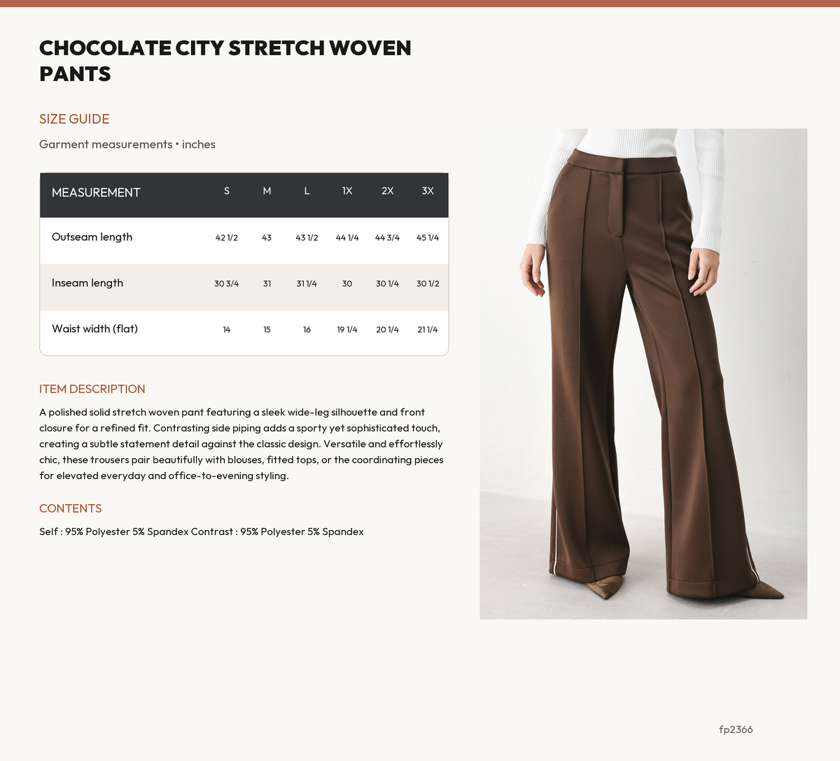 CHOCOLATE CITY STRETCH WOVEN PANTS size chart