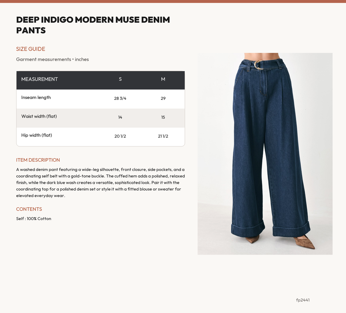 DEEP INDIGO MODERN MUSE DENIM PANTS size chart