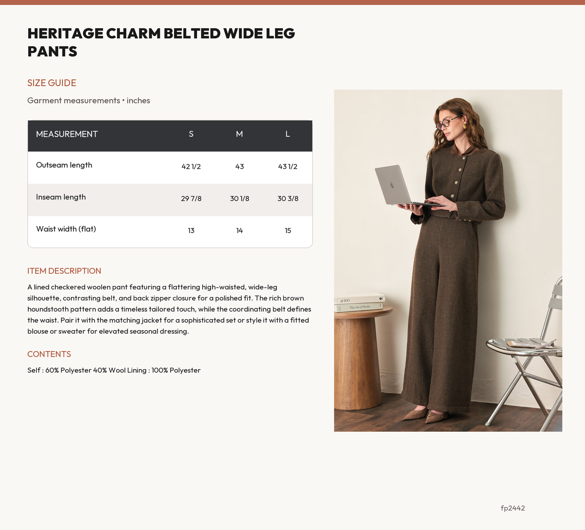 HERITAGE CHARM BELTED WIDE LEG PANTS size chart