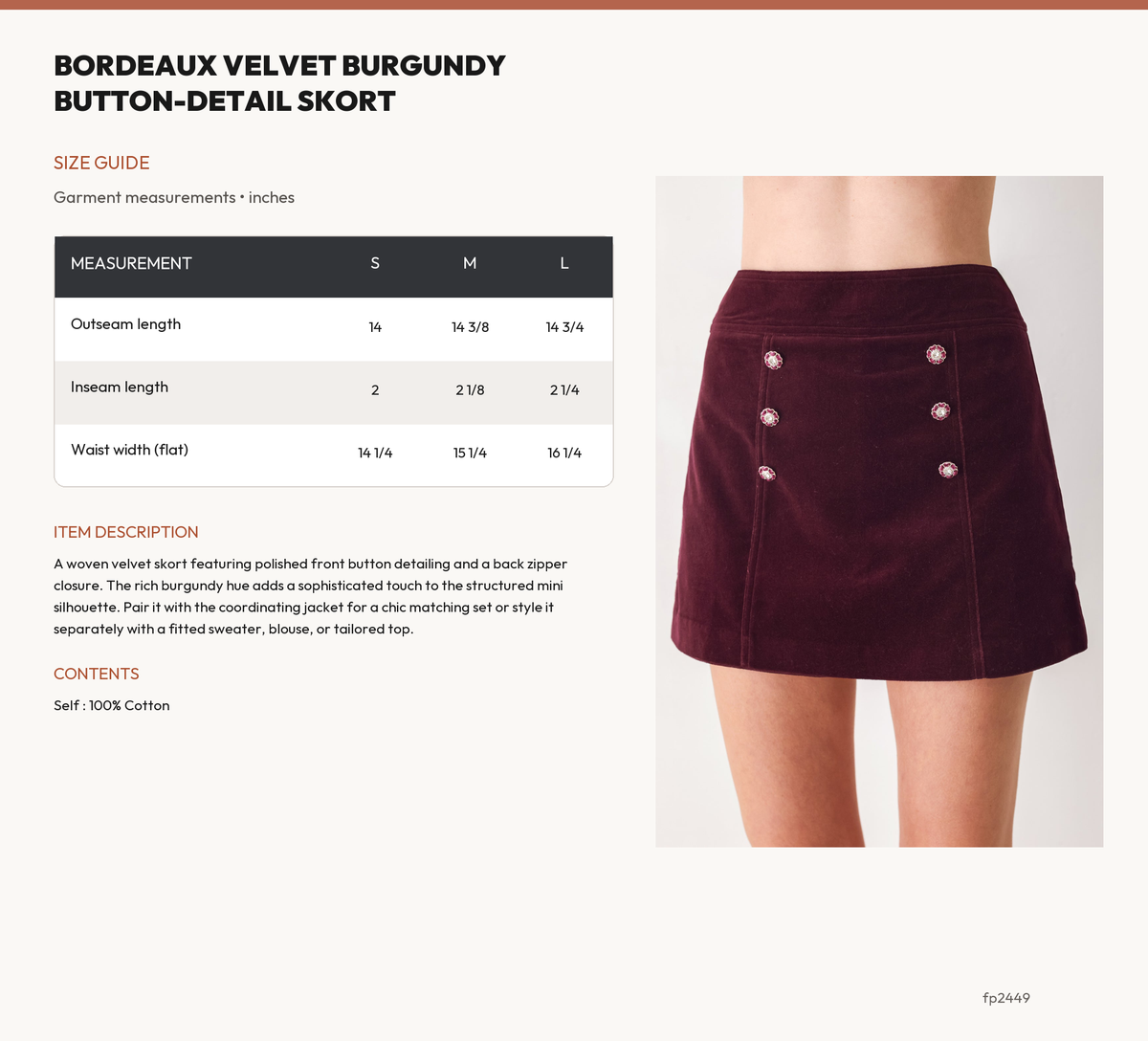 BORDEAUX VELVET BURGUNDY BUTTON-DETAIL SKORT size chart