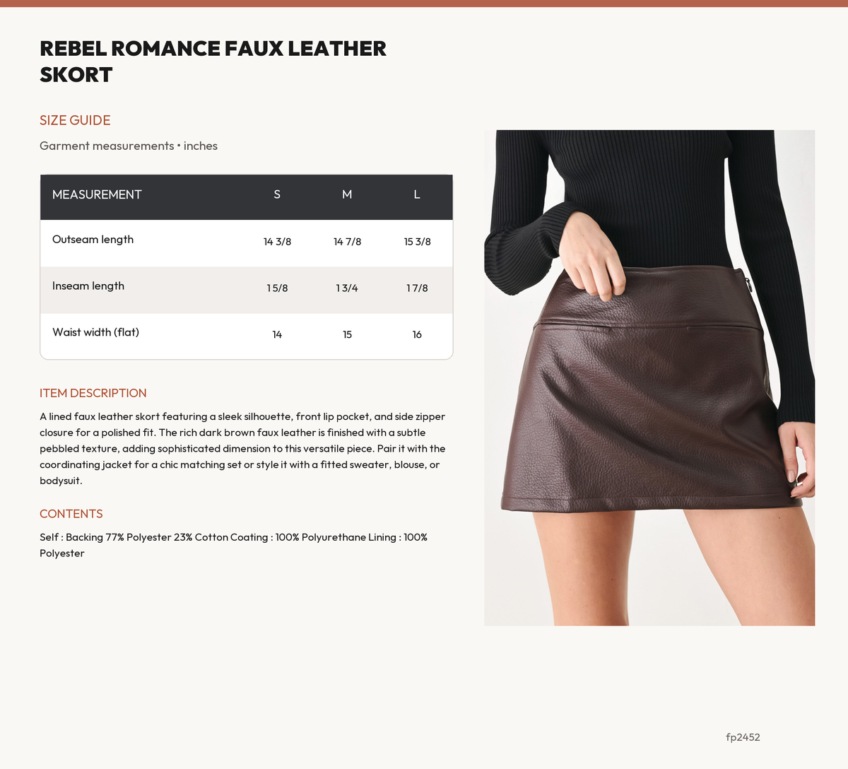 REBEL ROMANCE FAUX LEATHER SKORT size chart