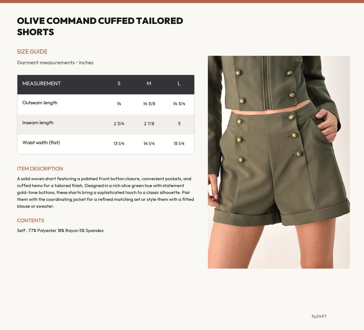 OLIVE COMMAND CUFFED TAILORED SHORTS size chart