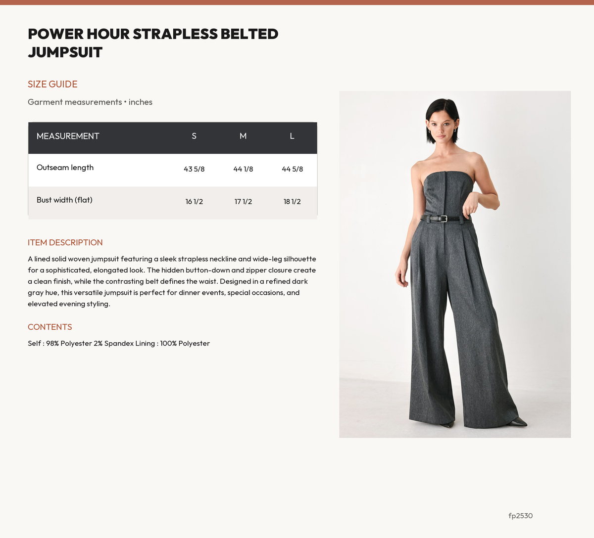 POWER HOUR STRAPLESS BELTED JUMPSUIT size chart