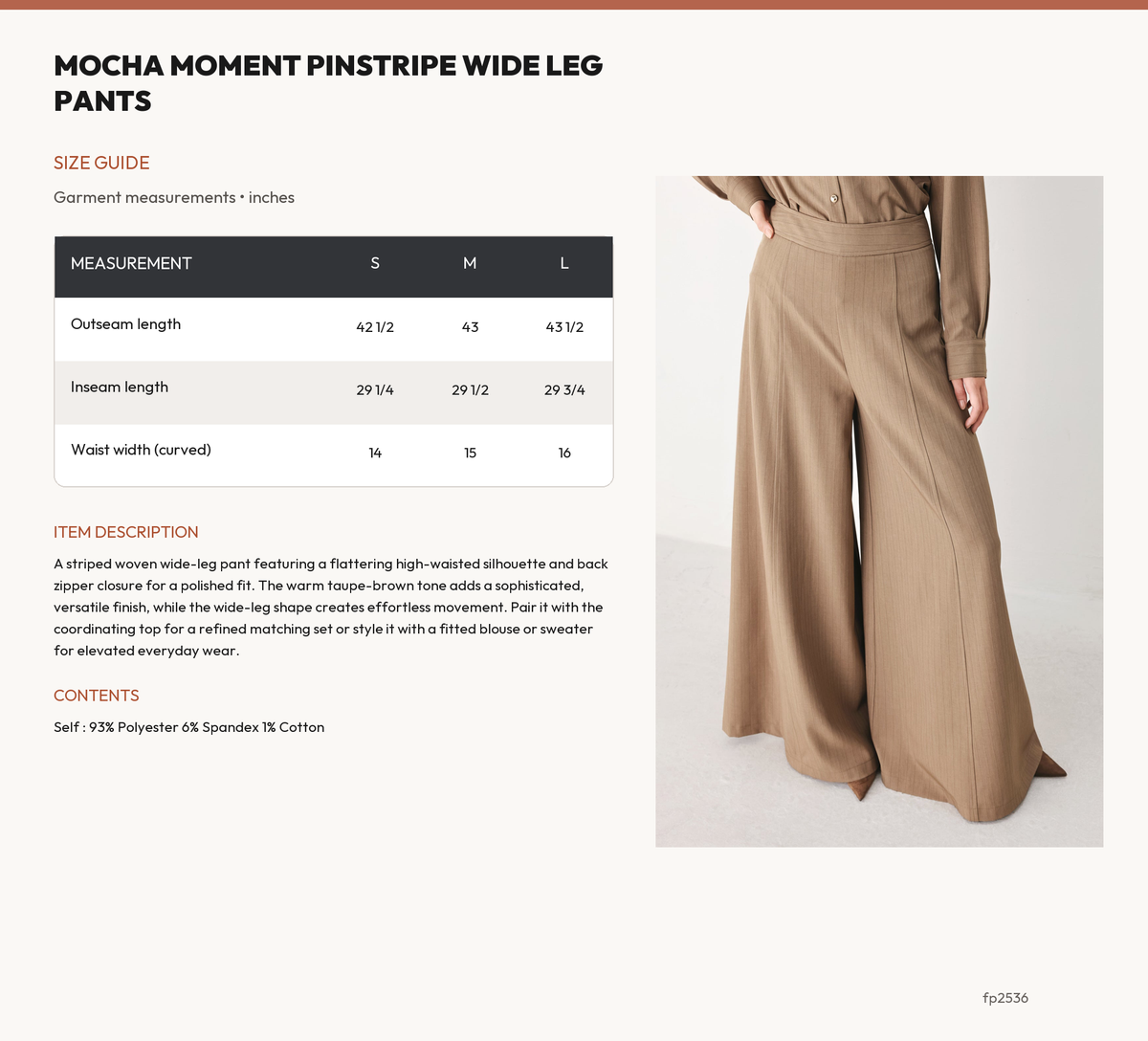 MOCHA MOMENT PINSTRIPE WIDE LEG PANTS size chart